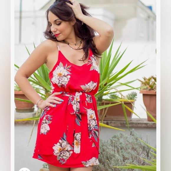 Zanzea Dresses & Skirts - Adorable Red Floral Mini Dress W/Tie Back  at Waist Size Medium